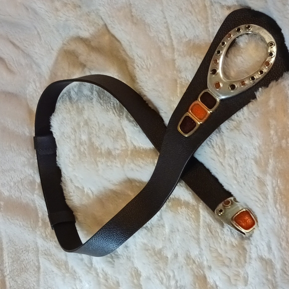 Chico's Women's Leather Belt Silver-Tone Buckle Colorful Glass Insets Size M/L - Picture 3 of 8